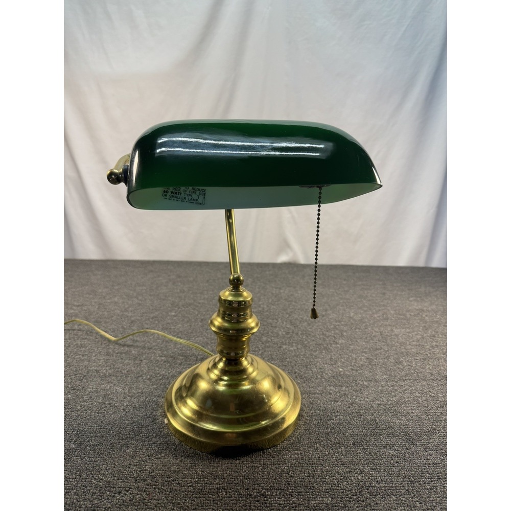 Vintage Brass Bankers Desk Library Students Lamp Emerald Green Glass Shade